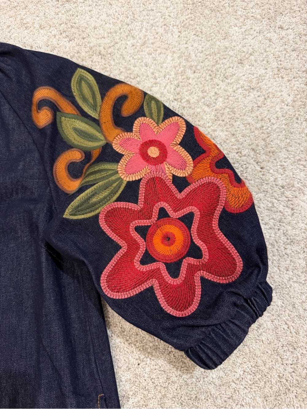 THML denim embroidered puff sleeve mini dress sz XS - Picture 5 of 8